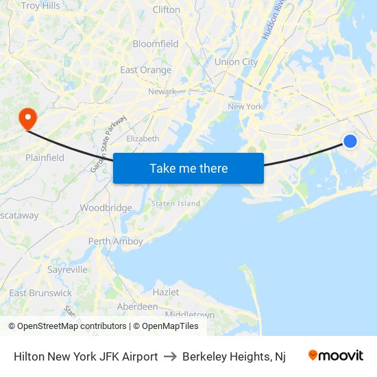 Hilton New York JFK Airport to Berkeley Heights, Nj map