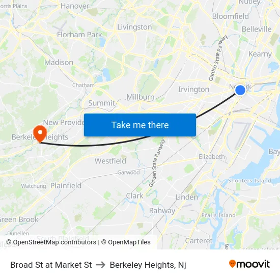 Broad St at Market St to Berkeley Heights, Nj map