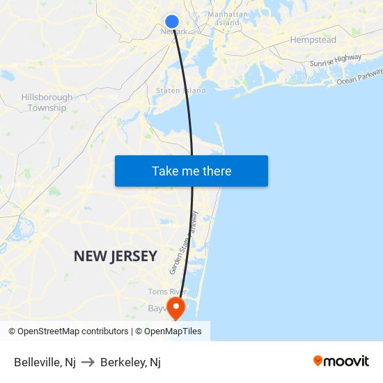 Belleville, Nj to Berkeley, Nj map