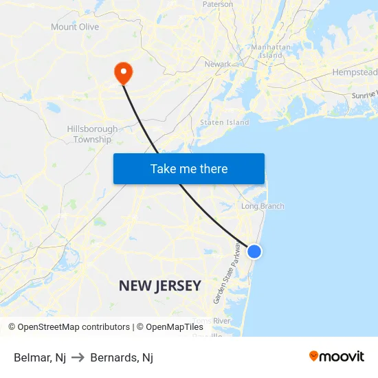 Belmar to Bernards, Nj map