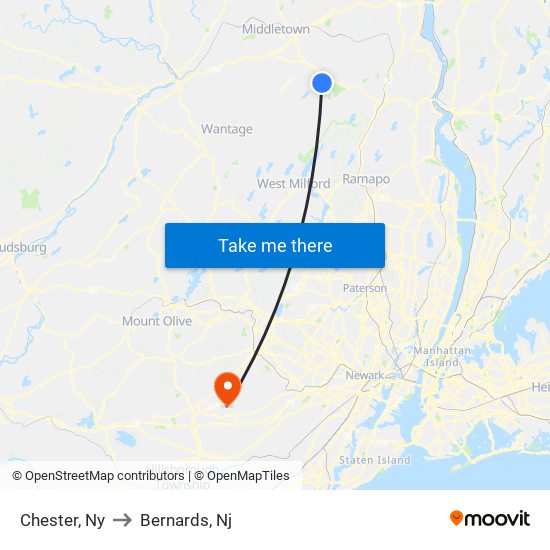 Chester, Ny to Bernards, Nj map