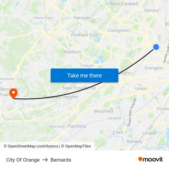 City Of Orange to Bernards map