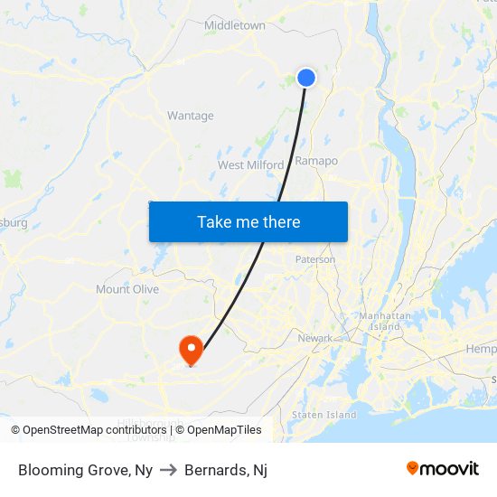 Blooming Grove, Ny to Bernards, Nj map