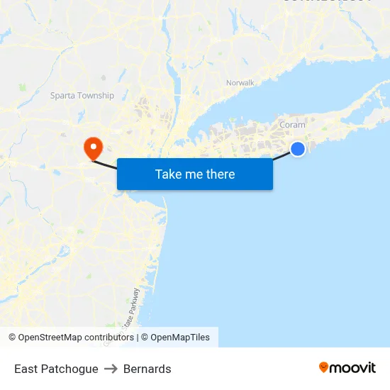 East Patchogue to Bernards map