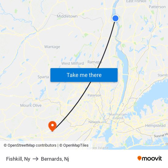 Fishkill, Ny to Bernards, Nj map