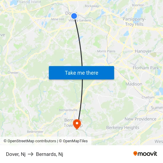 Dover to Bernards, Nj map