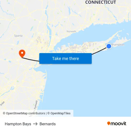 Hampton Bays to Bernards map