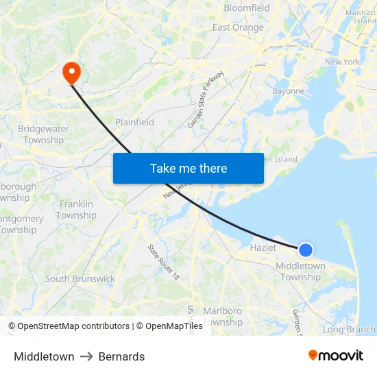 Middletown to Bernards map