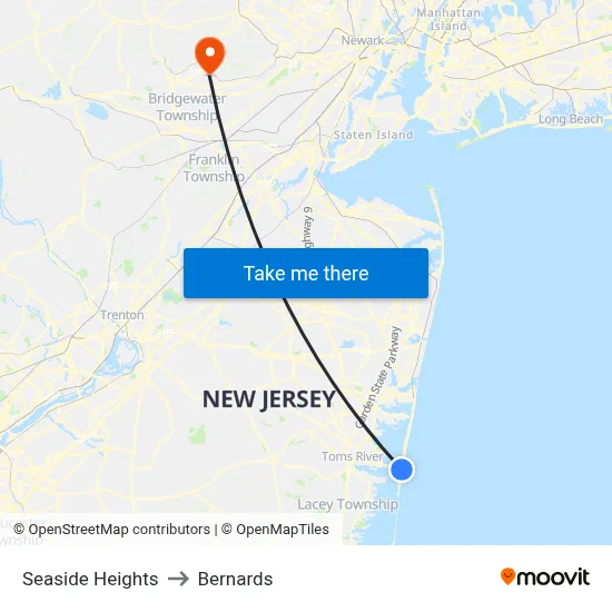 Seaside Heights to Bernards map