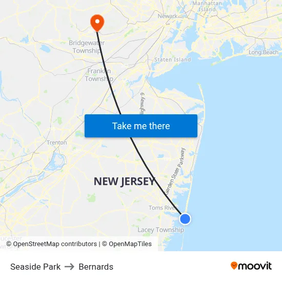 Seaside Park to Bernards map