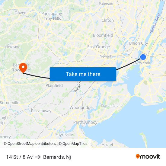 14 St / 8 Av to Bernards, Nj map