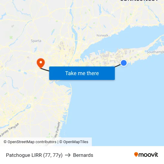 Patchogue LIRR (77, 77y) to Bernards map