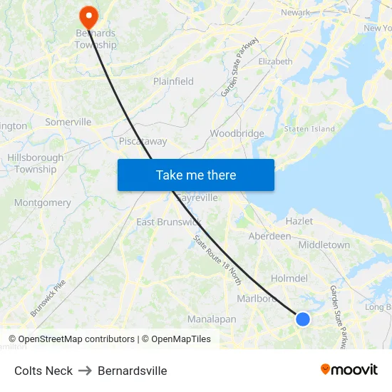 Colts Neck, Nj to Bernardsville map