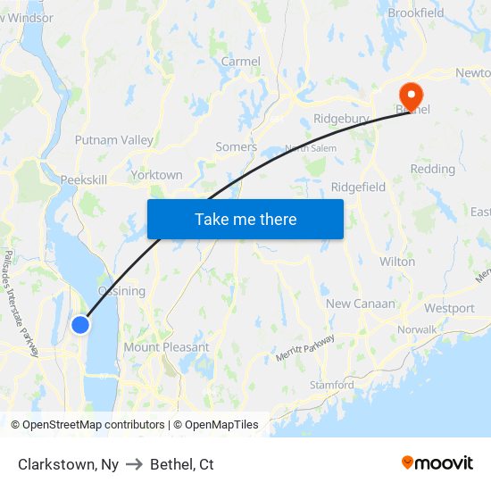 Clarkstown, Ny to Bethel, Ct map