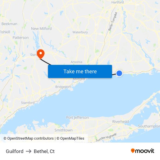 Guilford to Bethel, Ct map