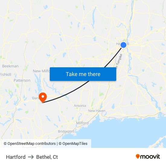 Hartford to Bethel, Ct map