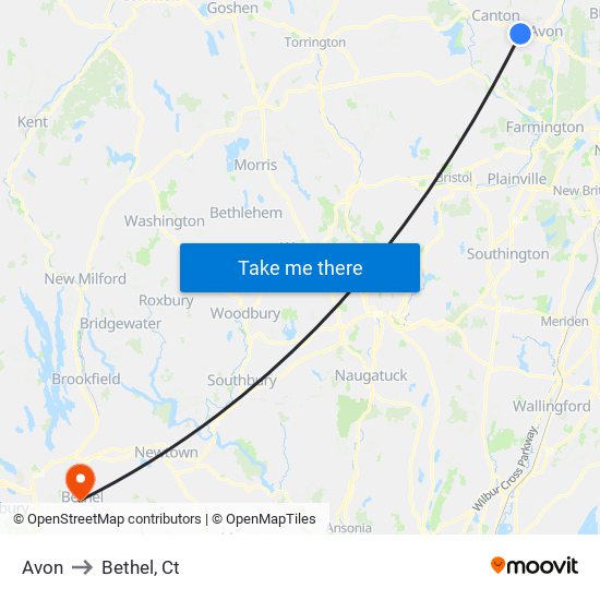 Avon to Bethel, Ct map