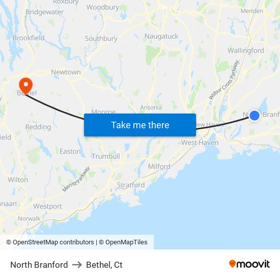 North Branford to Bethel, Ct map