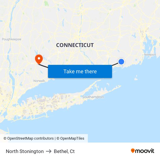 North Stonington to Bethel, Ct map