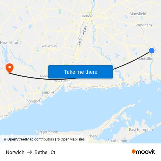 Norwich to Bethel, Ct map