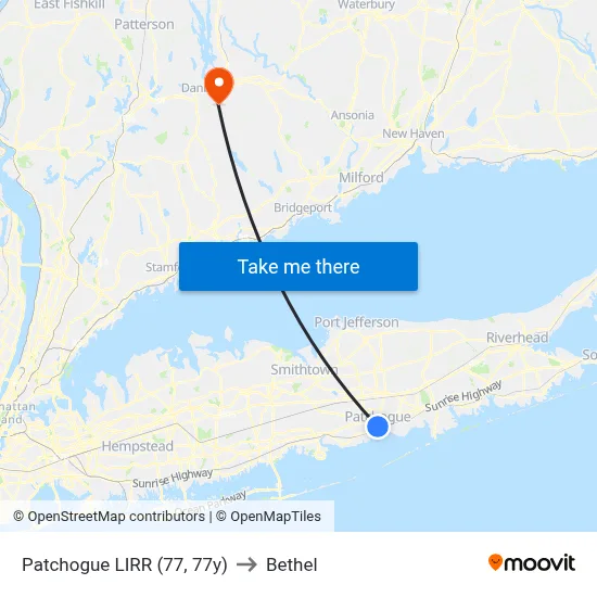Patchogue LIRR (77, 77y) to Bethel map
