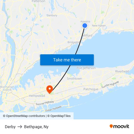 Derby to Bethpage, Ny map
