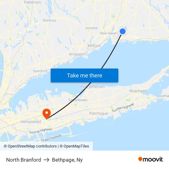 North Branford to Bethpage, Ny map