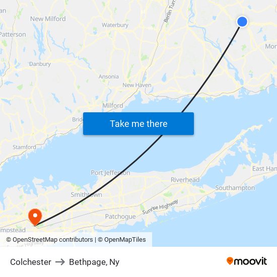 Colchester to Bethpage, Ny map