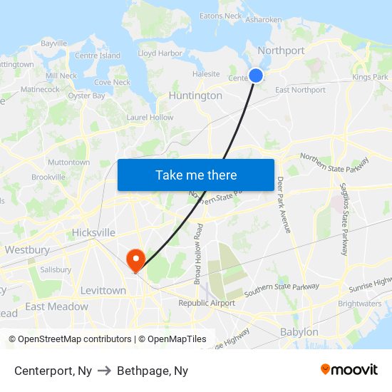 Centerport, Ny to Bethpage, Ny map