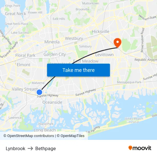 Lynbrook to Bethpage map