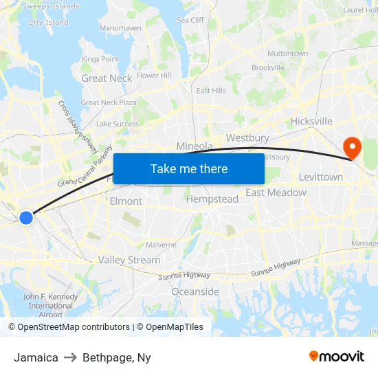 Jamaica to Bethpage, Ny map