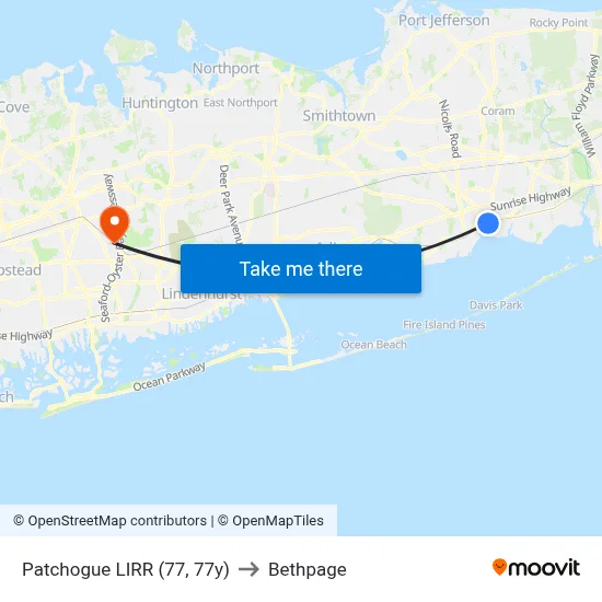 Patchogue LIRR (77, 77y) to Bethpage map