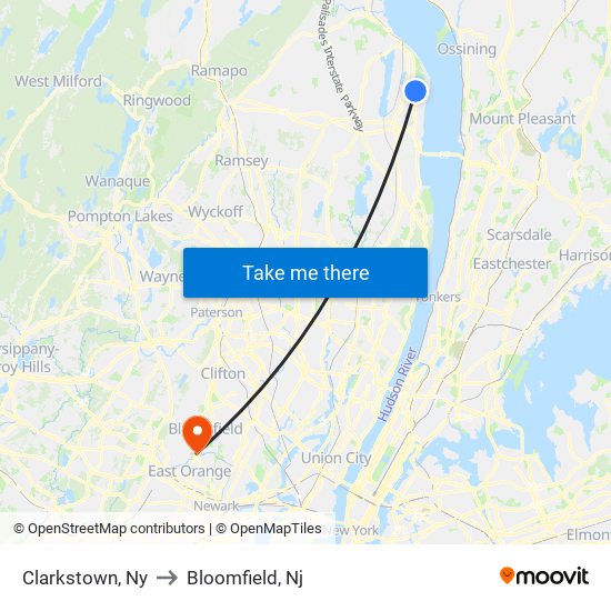 Clarkstown, Ny to Bloomfield, Nj map