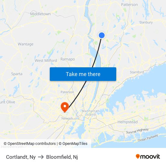 Cortlandt, Ny to Bloomfield, Nj map