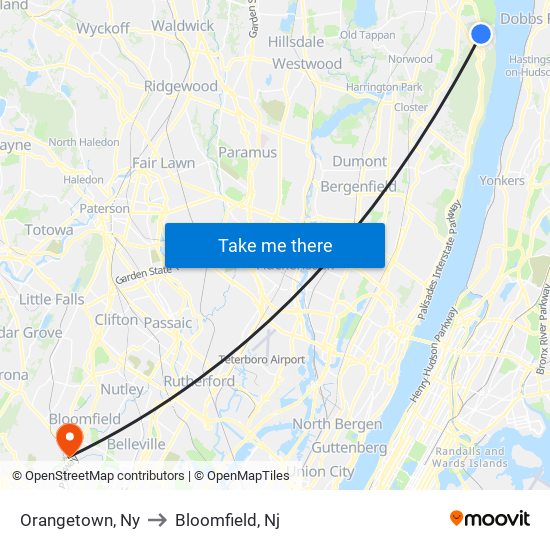 Orangetown, Ny to Bloomfield, Nj map