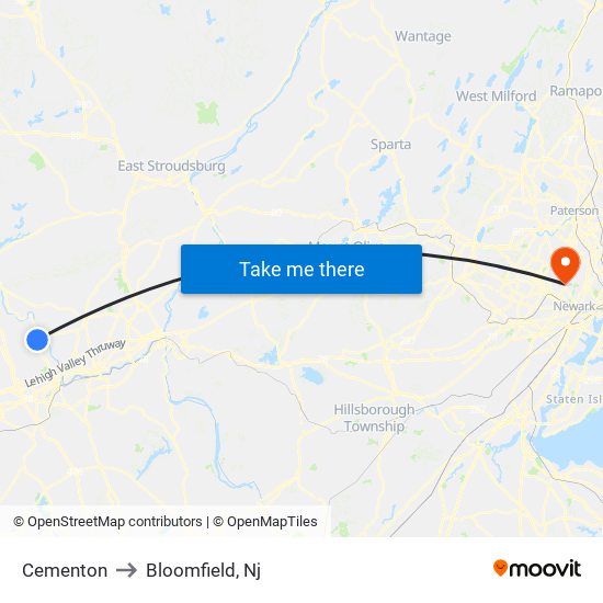 Cementon to Bloomfield, Nj map