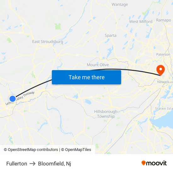 Fullerton to Bloomfield, Nj map