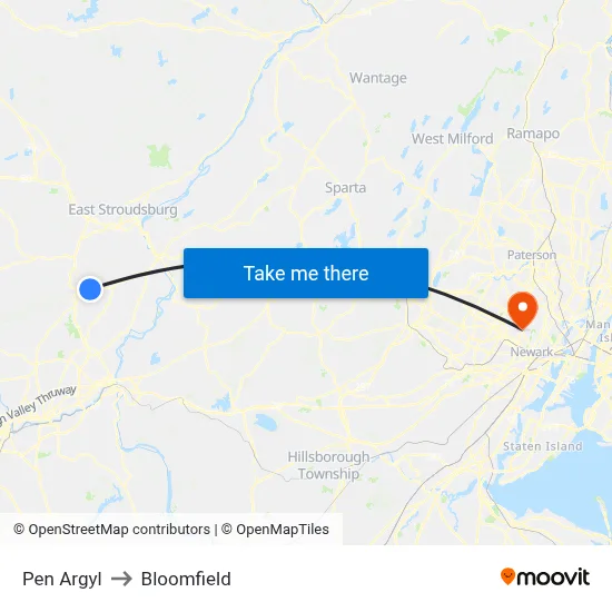 Pen Argyl to Bloomfield map