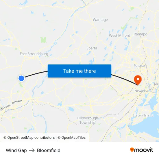 Wind Gap to Bloomfield map