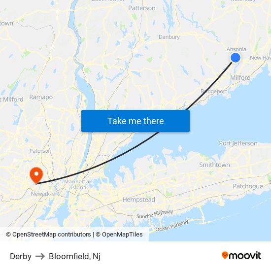 Derby to Bloomfield, Nj map