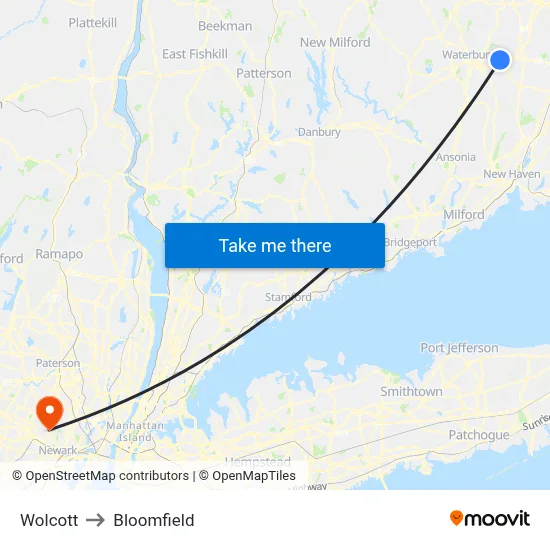 Wolcott to Bloomfield map
