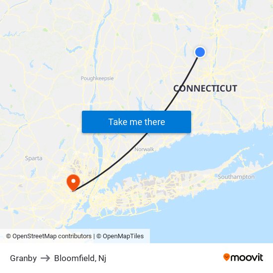 Granby to Bloomfield, Nj map