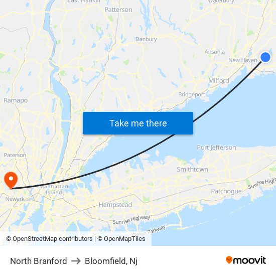 North Branford to Bloomfield, Nj map