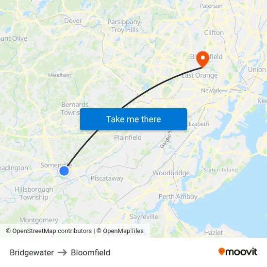 Bridgewater to Bloomfield map