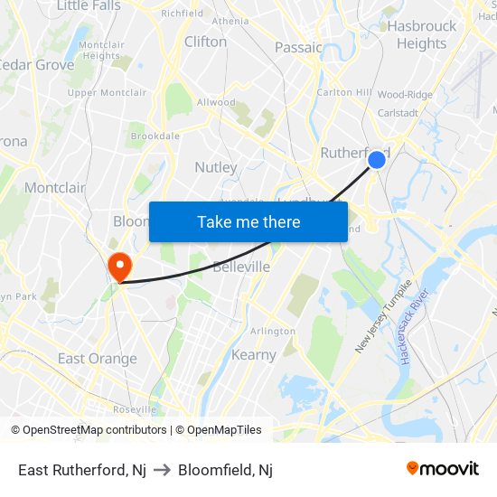 East Rutherford, Nj to Bloomfield, Nj with public transportation