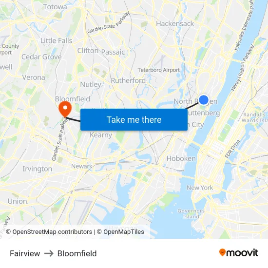 Fairview to Bloomfield map