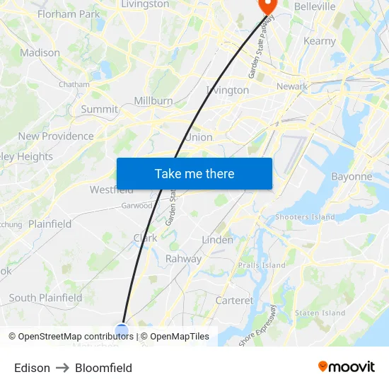 Edison to Bloomfield map