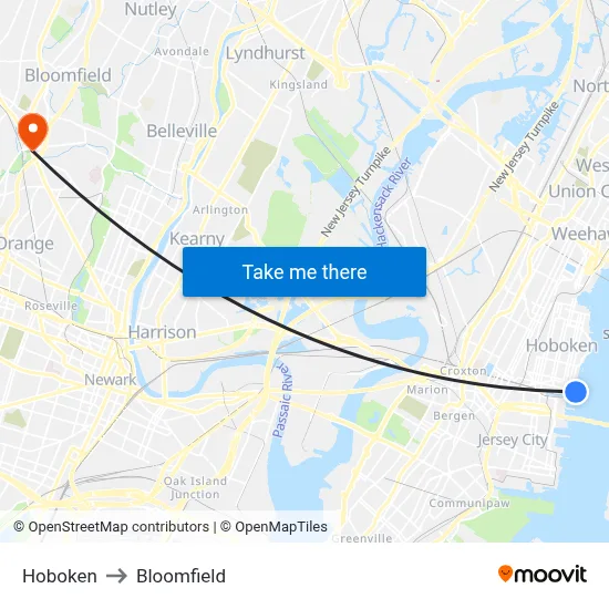 Hoboken to Bloomfield map
