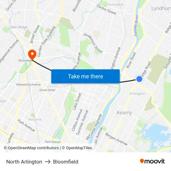 North Arlington to Bloomfield map