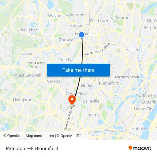 Paterson to Bloomfield map